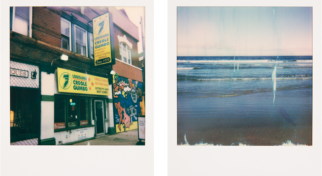 Two side by side polaroid photographs. The left side polaroid is a store front for a gumbo restaurant. The polaroid on the right is of ocean waves.
