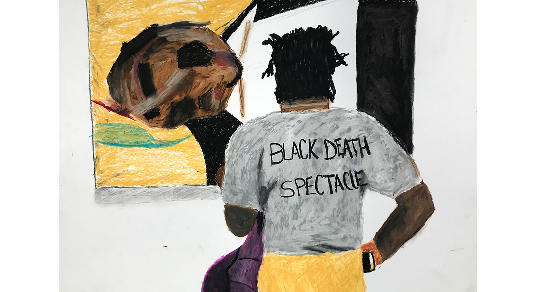A drawing of a middle-aged person standing in front of a painting on the wall. The back of the person’s shirt has the text